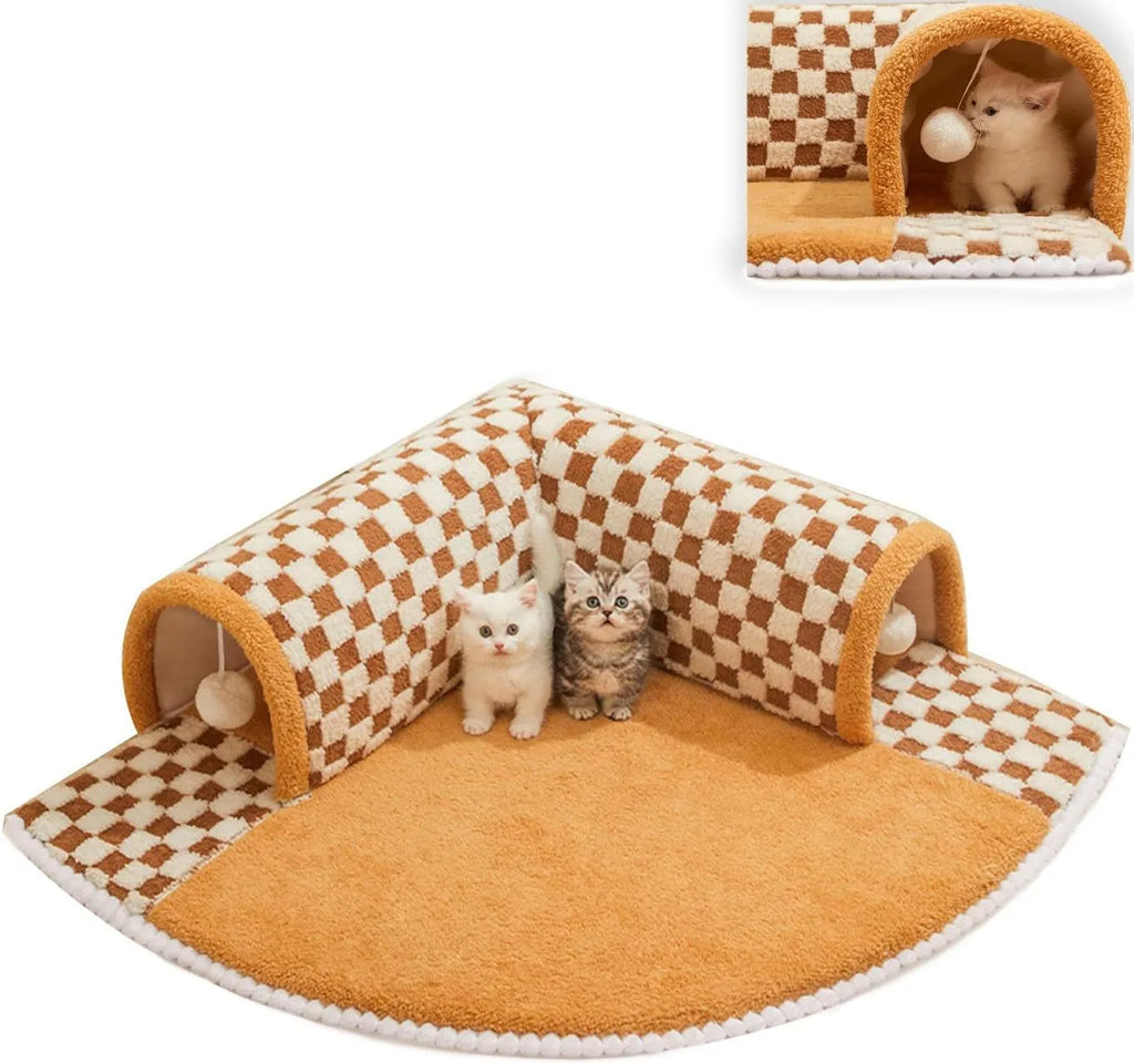 Brown plaid cat tunnel bed with central mat showing non-slip bottom and collapsible tunnel design