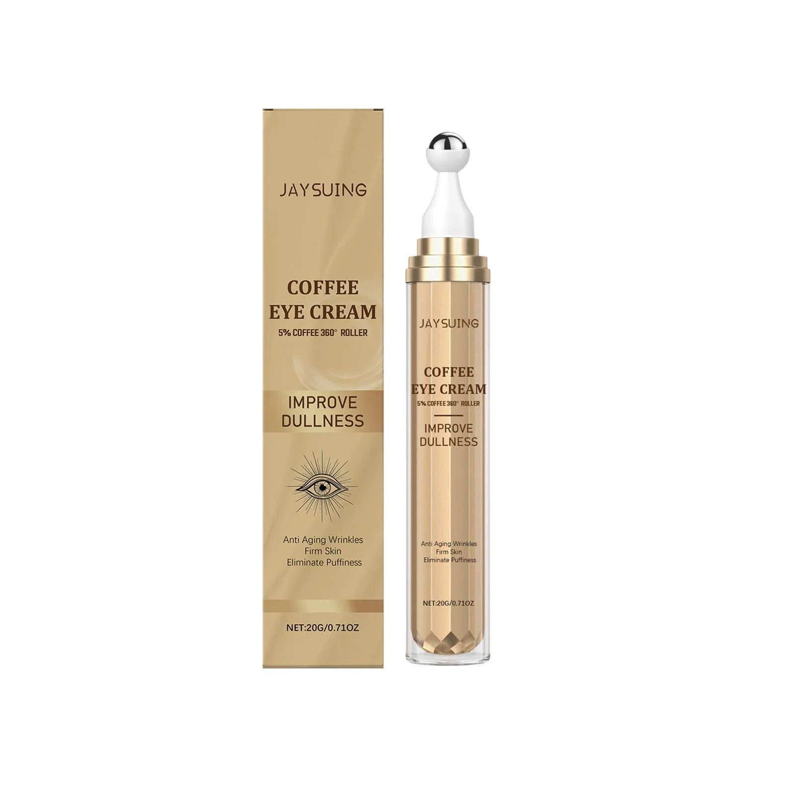 20g tube of Caffeine Firming Eye Cream with coffee extract and hyaluronic acid for the under-eye area.