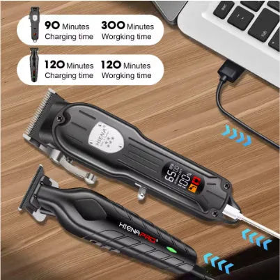 Black professional hair clipper set with foil shaver and USB charging cable on a grey background.