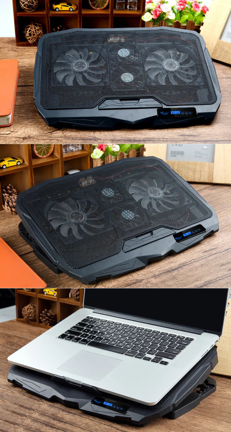 Black laptop cooling stand with copper heat sink, four heat pipes and dual USB ports