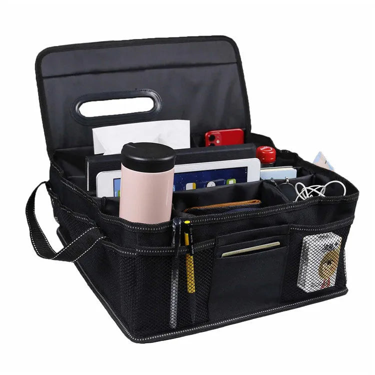 Black Oxford cloth car storage box with 33cm square dimensions for vehicle boot organisation