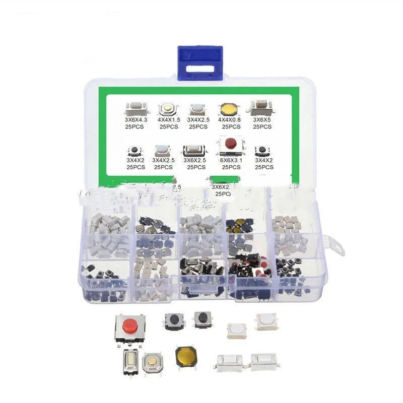 Box containing 250 SMT surface mount patch button switches for electronics assembly.