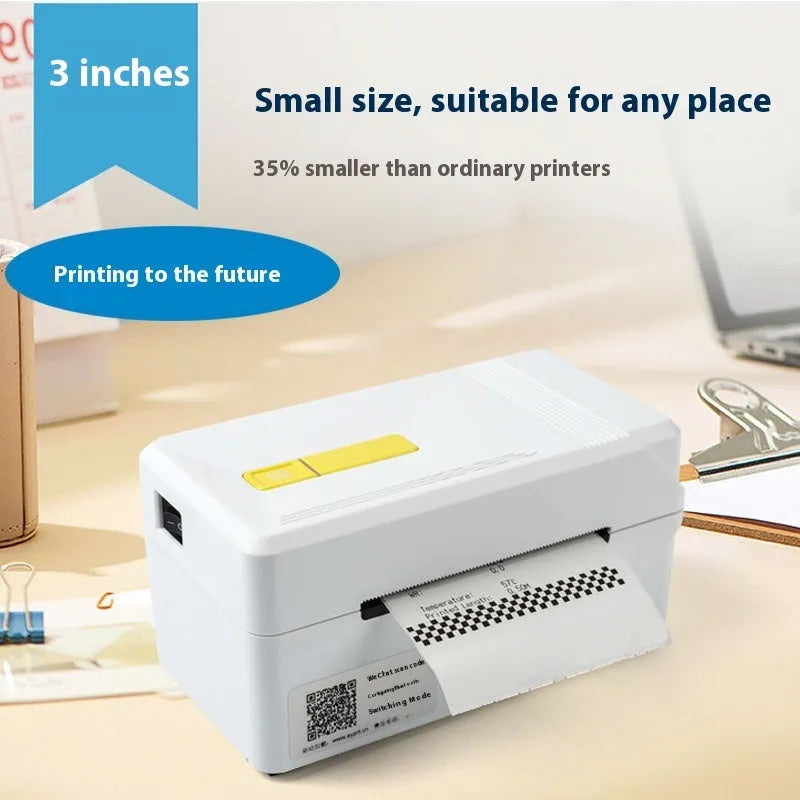 FlashLabel thermal label printer with USB cable, showing 3-inch and 4-inch label options for express orders