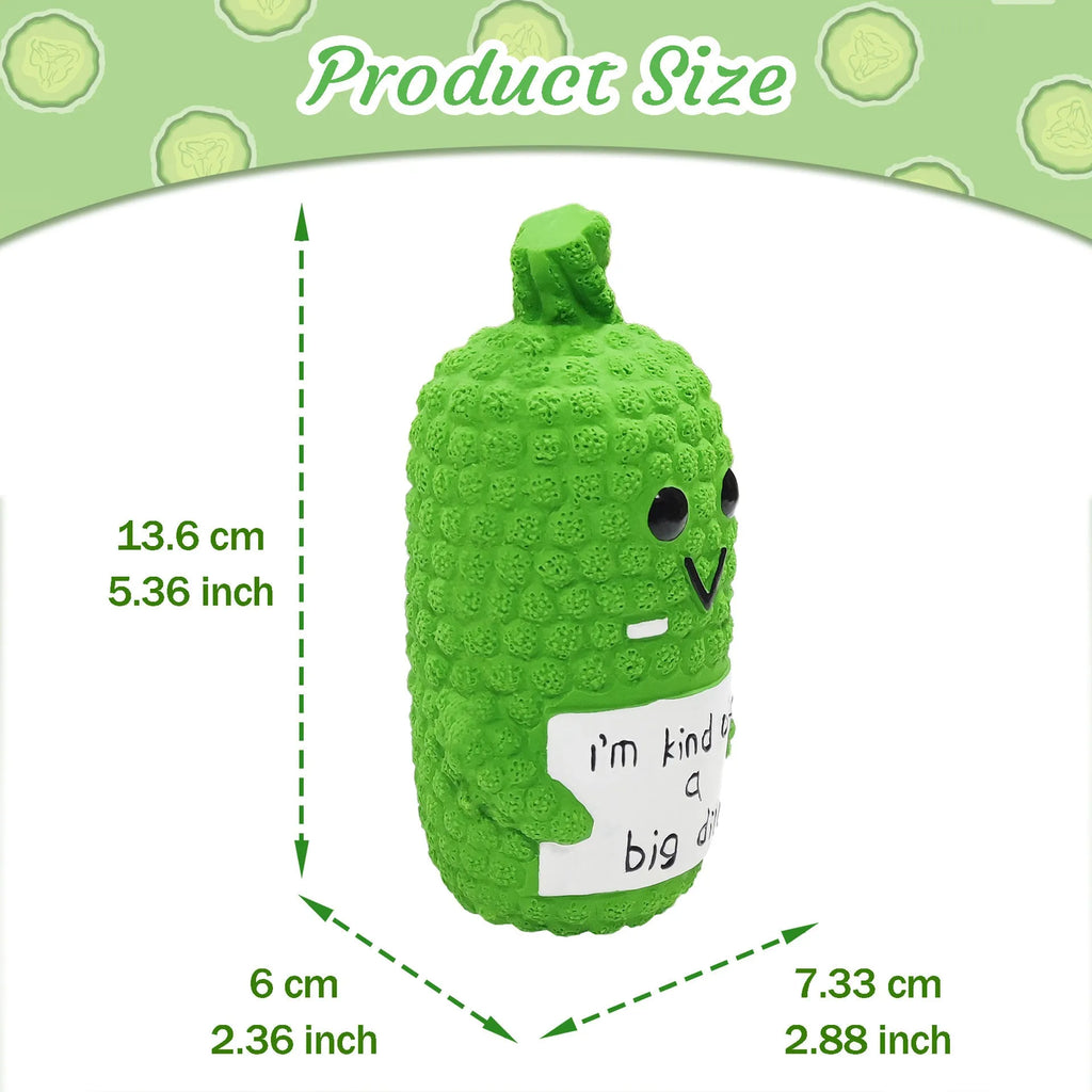 Green pickle squeaky dog toy with convex nubs for dental cleaning, measuring 13.6cm by 6cm