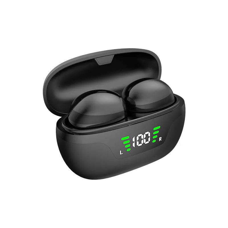 Black Super Mini wireless Bluetooth in-ear headset with charging cable.
