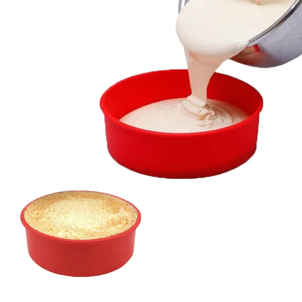 Red round silicone cake mould showing three sizes: 4-inch, 6-inch, and 8-inch diameters