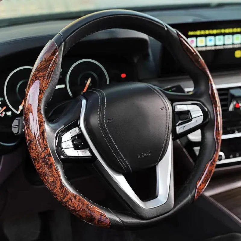 Peach wood grain steering wheel sleeve showing 38cm length and 4cm width artificial leather construction in crystal colour options