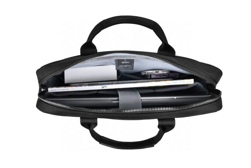 Black multi-pocket laptop handbag with separate computer compartment, Oxford cloth material, lock feature, and organised storage design