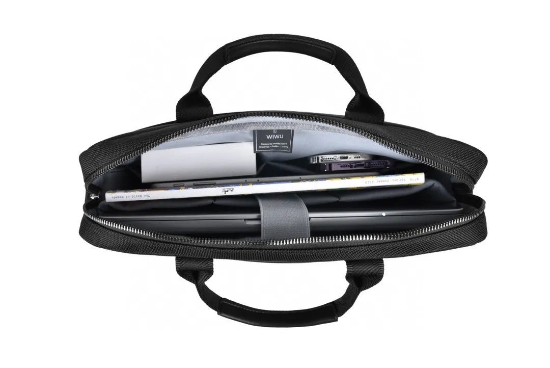 Black multi-pocket laptop handbag with separate computer compartment, Oxford cloth material, lock feature, and organised storage design