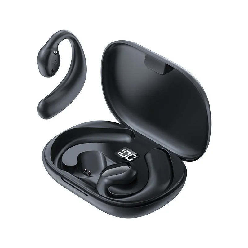 Black ear-mounted Bluetooth headset showing digital display screen and breathing light, worn on outer ear