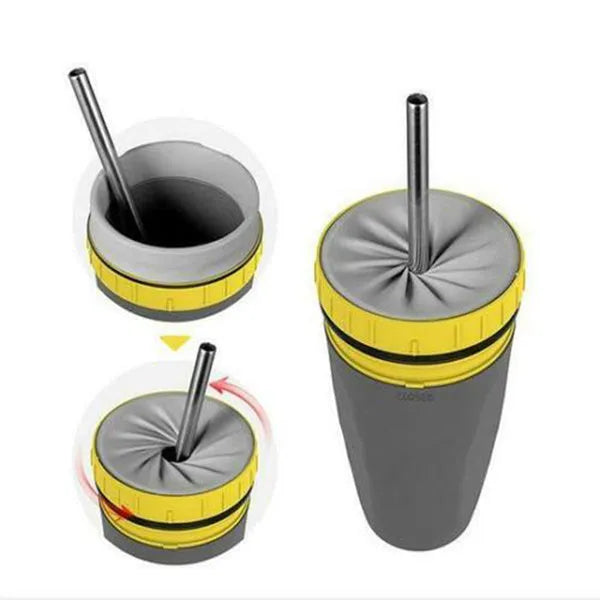 Double insulation travel tumbler with twist-top silicone seal showing cartoon patterns