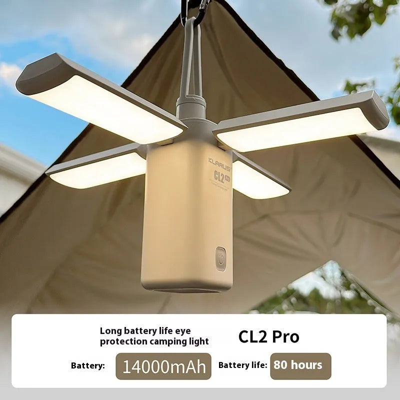 Green and white rechargeable campsite LED lamp with charging cable for outdoor camping use