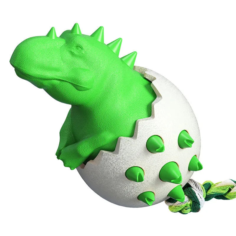 Blue dinosaur-shaped dog chew toy with interactive rope, nubs for dental cleaning, size 129x97x82.5mm