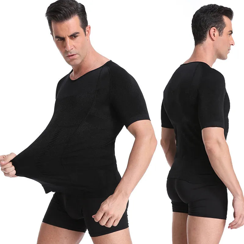 Men's nylon vest shapewear body toning T-shirt in black, blue, or white, sizes M to XXL, 57cm length