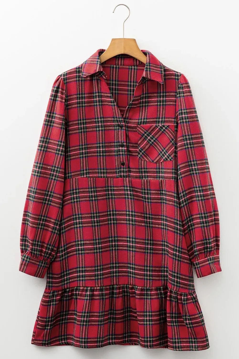 Red and black plaid mini dress with a shirt collar, half-button front, long sleeves, and a ruffle hem.