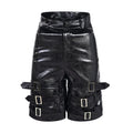 Men's black PU leather cropped shorts with medium-low waist, showing polycarbaminate fibre construction and contemporary design