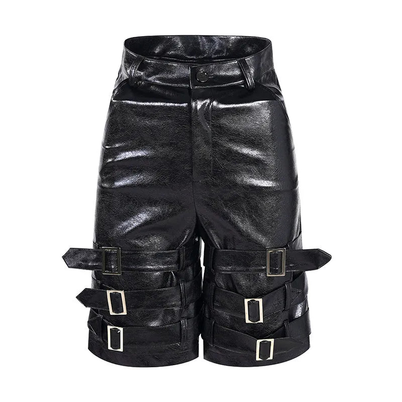 Men's black PU leather cropped shorts with medium-low waist, showing polycarbaminate fibre construction and contemporary design