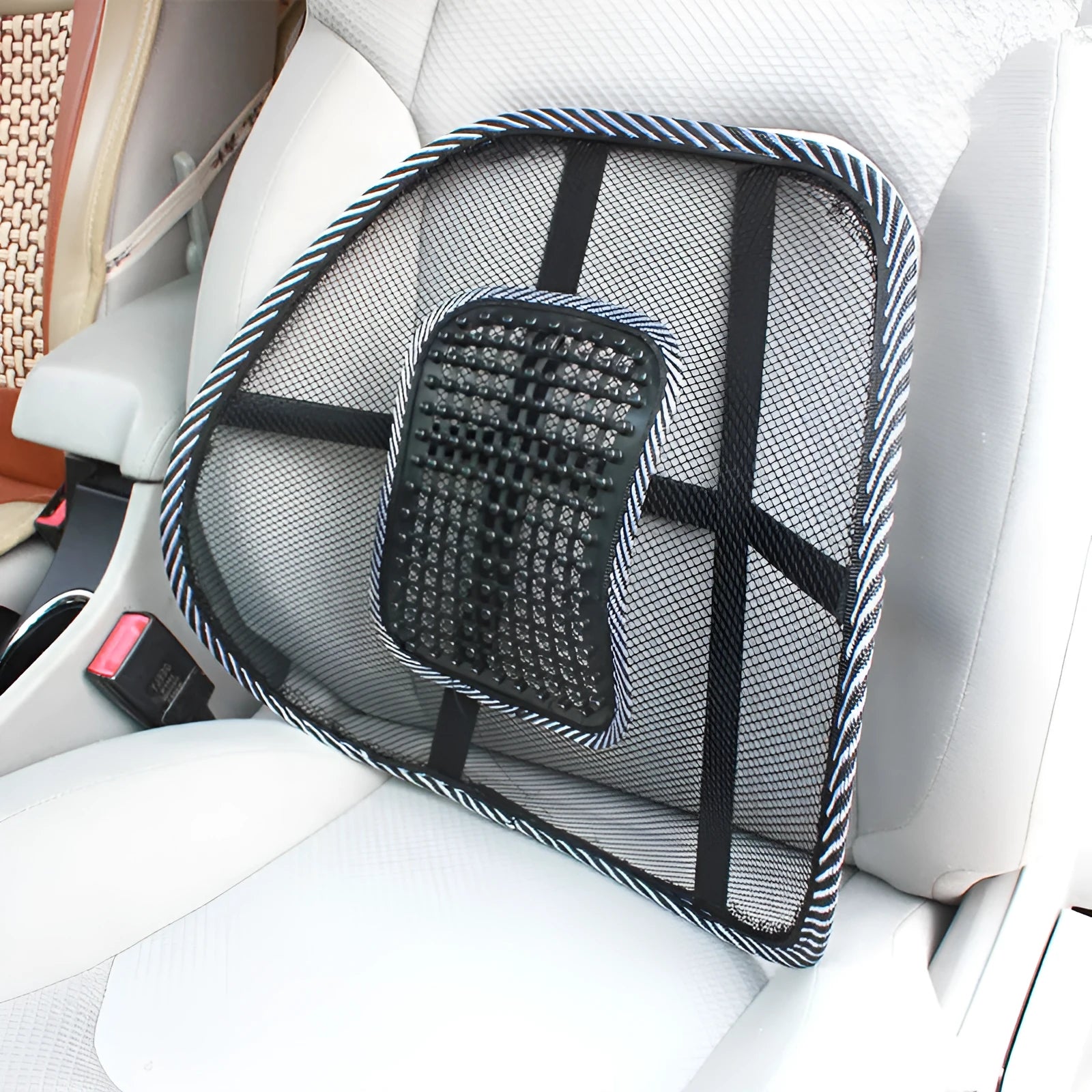 Black car lumbar support pillow with leather nail pattern measuring 41cm by 39cm