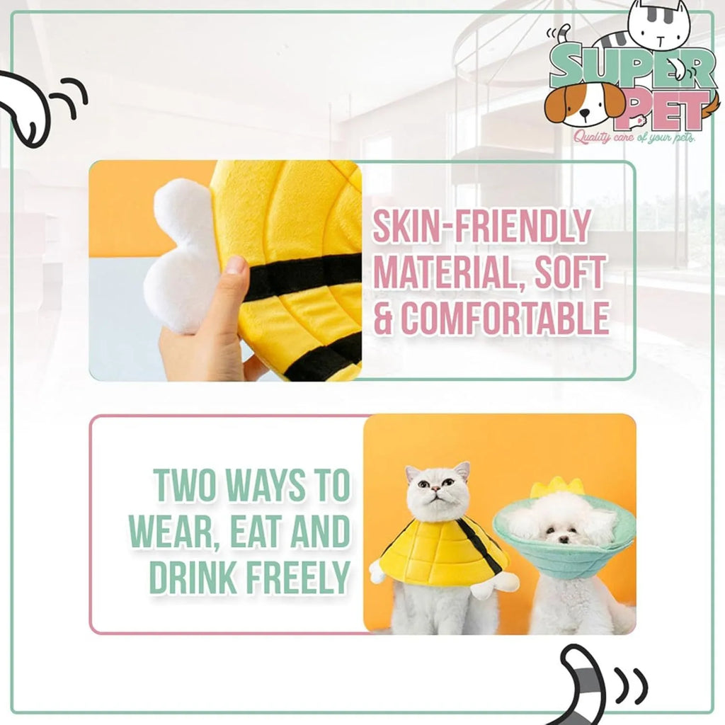 Soft white cat cone collar with black and yellow bee design, showing Velcro closure and approximate 20cm diameter