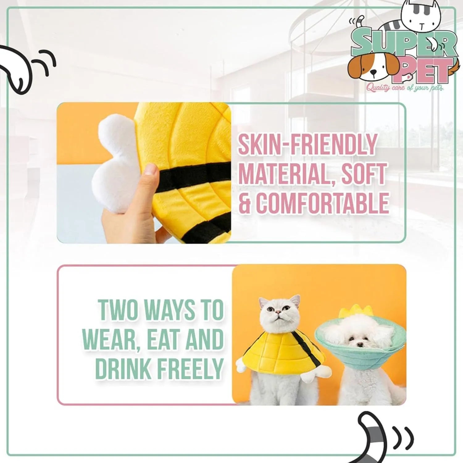Soft white cat cone collar with black and yellow bee design, showing Velcro closure and approximate 20cm diameter