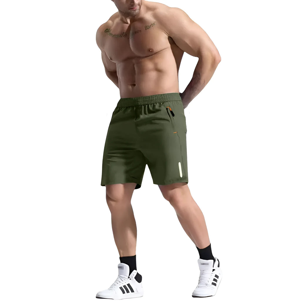 Men's elastic waist sports shorts in army green colour, made from bamboo fibre fabric for summer wear