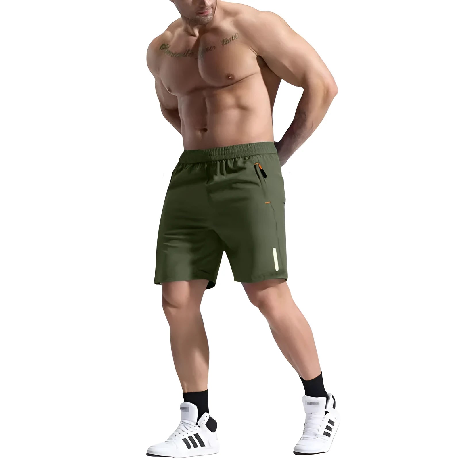 Men's elastic waist sports shorts in army green colour, made from bamboo fibre fabric for summer wear
