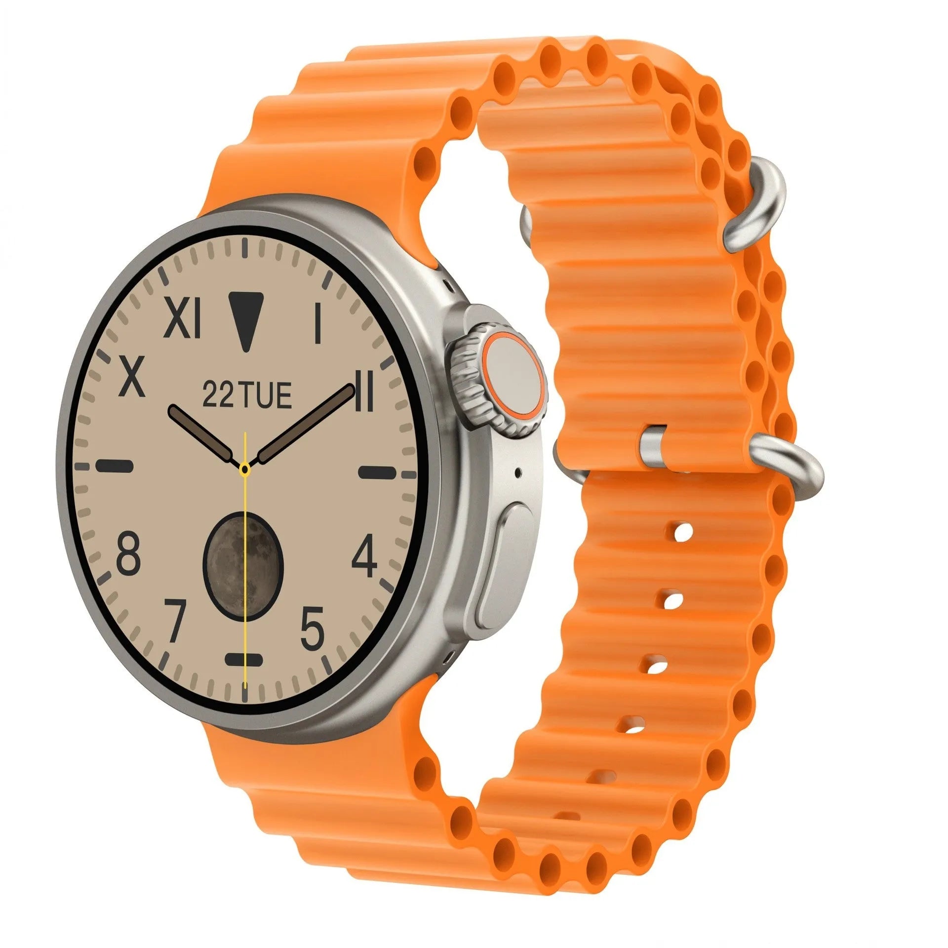 K9 smart watch with black silicone strap and round screen showing fitness stats.