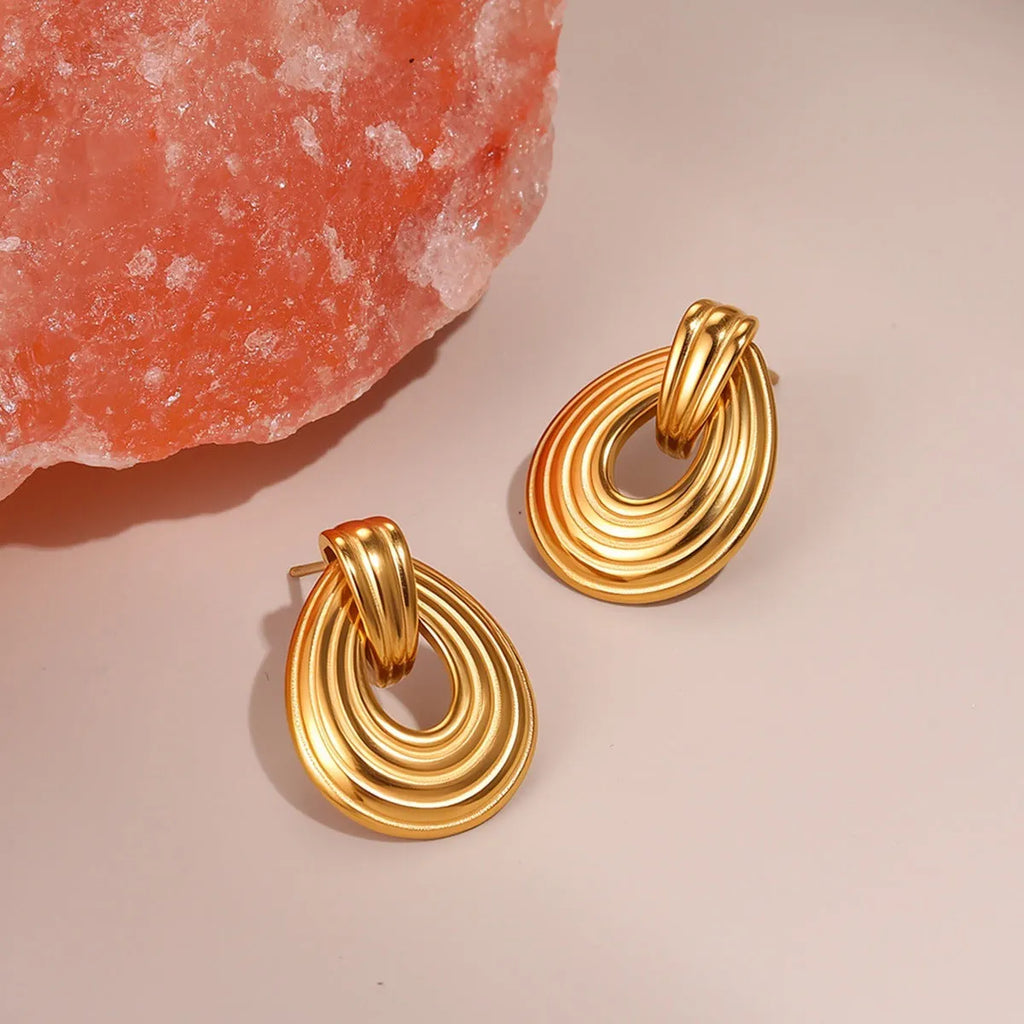 18K gold plated stainless steel ring texture earrings for women, non-fading geometric fashion OL design