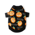 Black dog Halloween sweater with orange pumpkin pattern design in polyester knit fabric