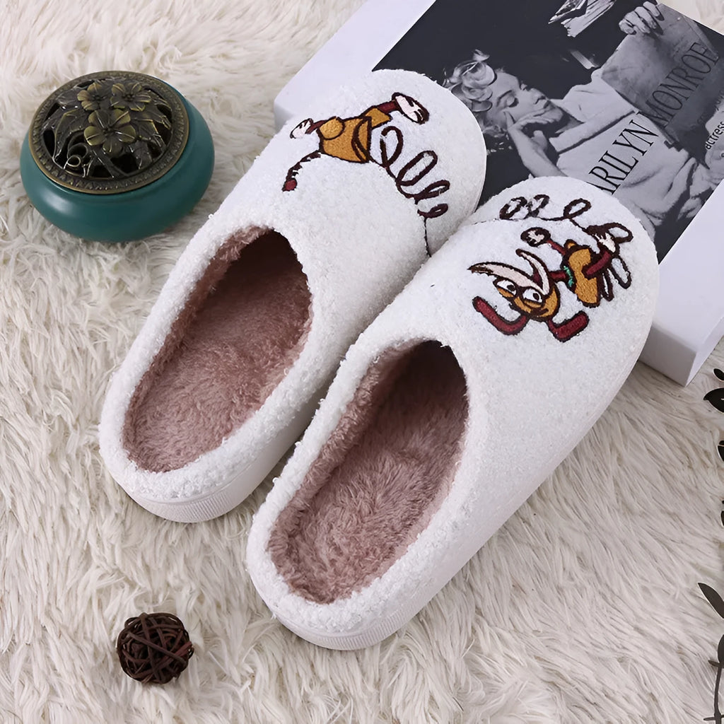 White fluffy cartoon slippers with a plush upper and a non-slip rubber sole.