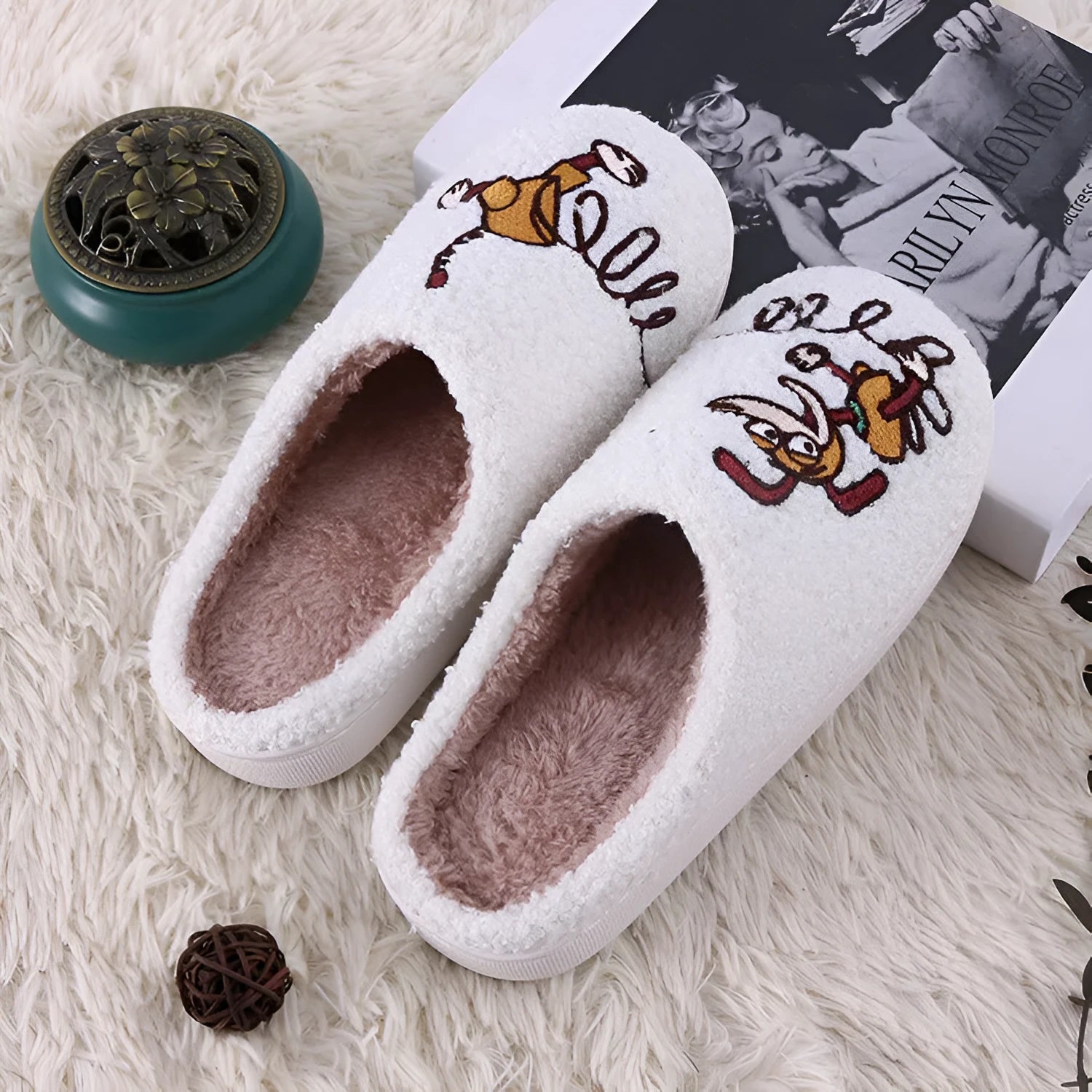 White fluffy cartoon slippers with a plush upper and a non-slip rubber sole.