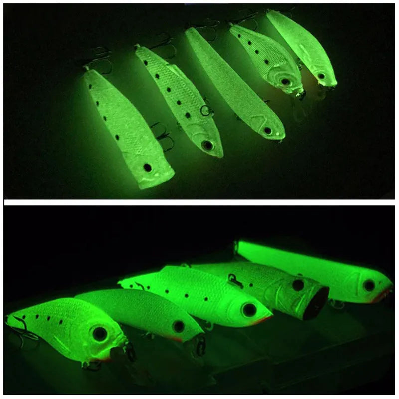 3D fluorescent simulation submerged luminous hard bait fishing gear five-piece set showing detailed scale patterns and luminous properties