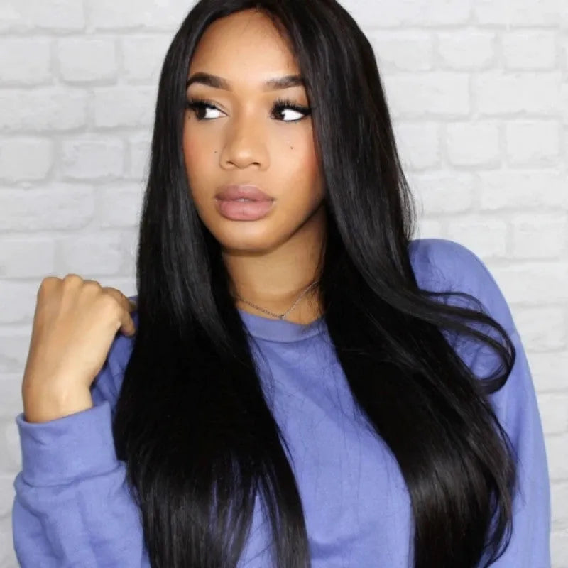 Long straight black wig with centre parting and bangs on a mannequin, showcasing high-temperature fibre for heat styling