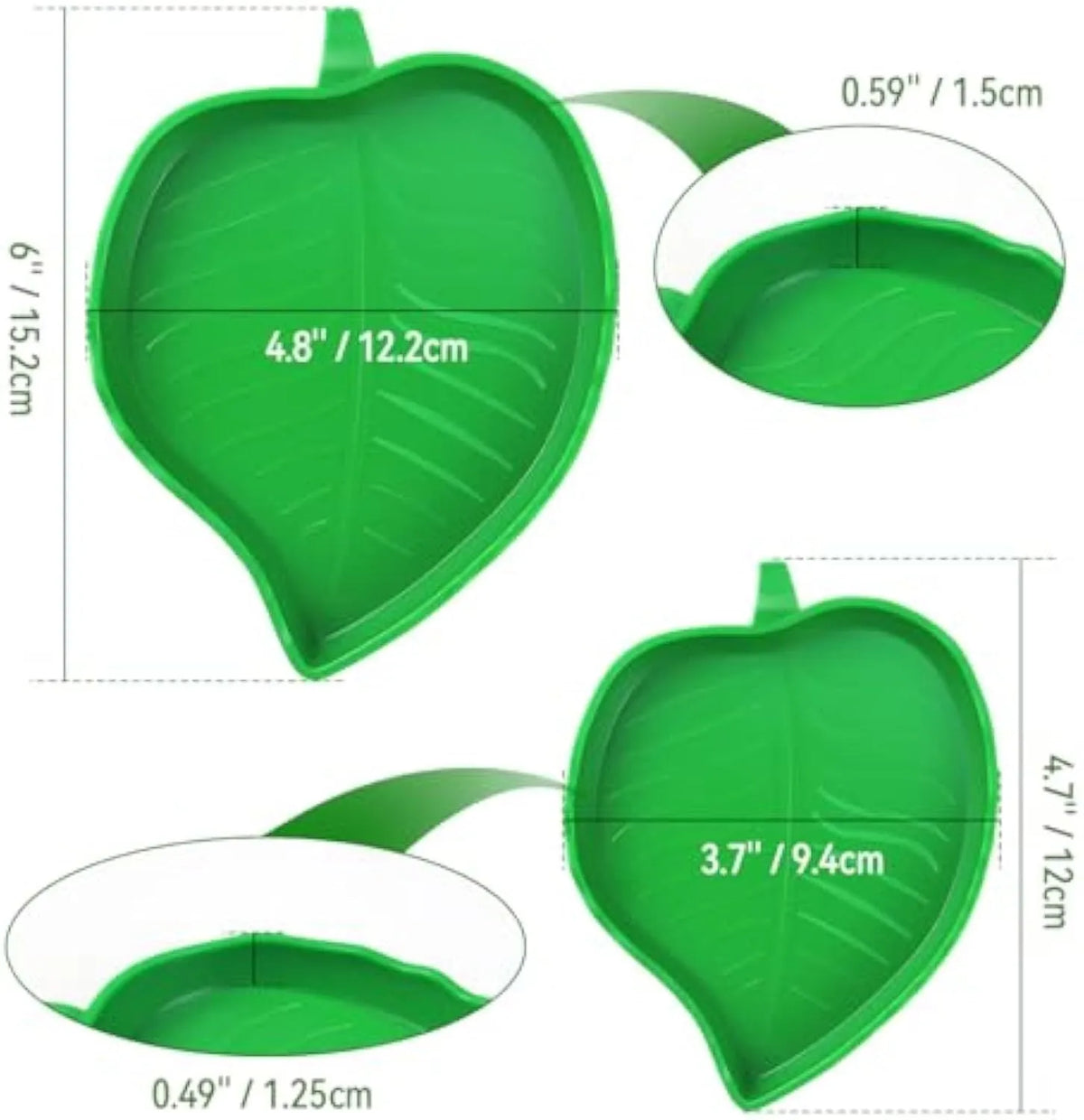 Two leaf-shaped reptile food and water bowls in a set, for tortoise, lizard, bearded dragon or small snake.