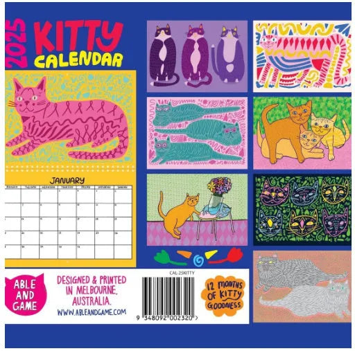 Cat-themed wall calendar showing 12-month grid with tear-off design and feline illustrations for each month