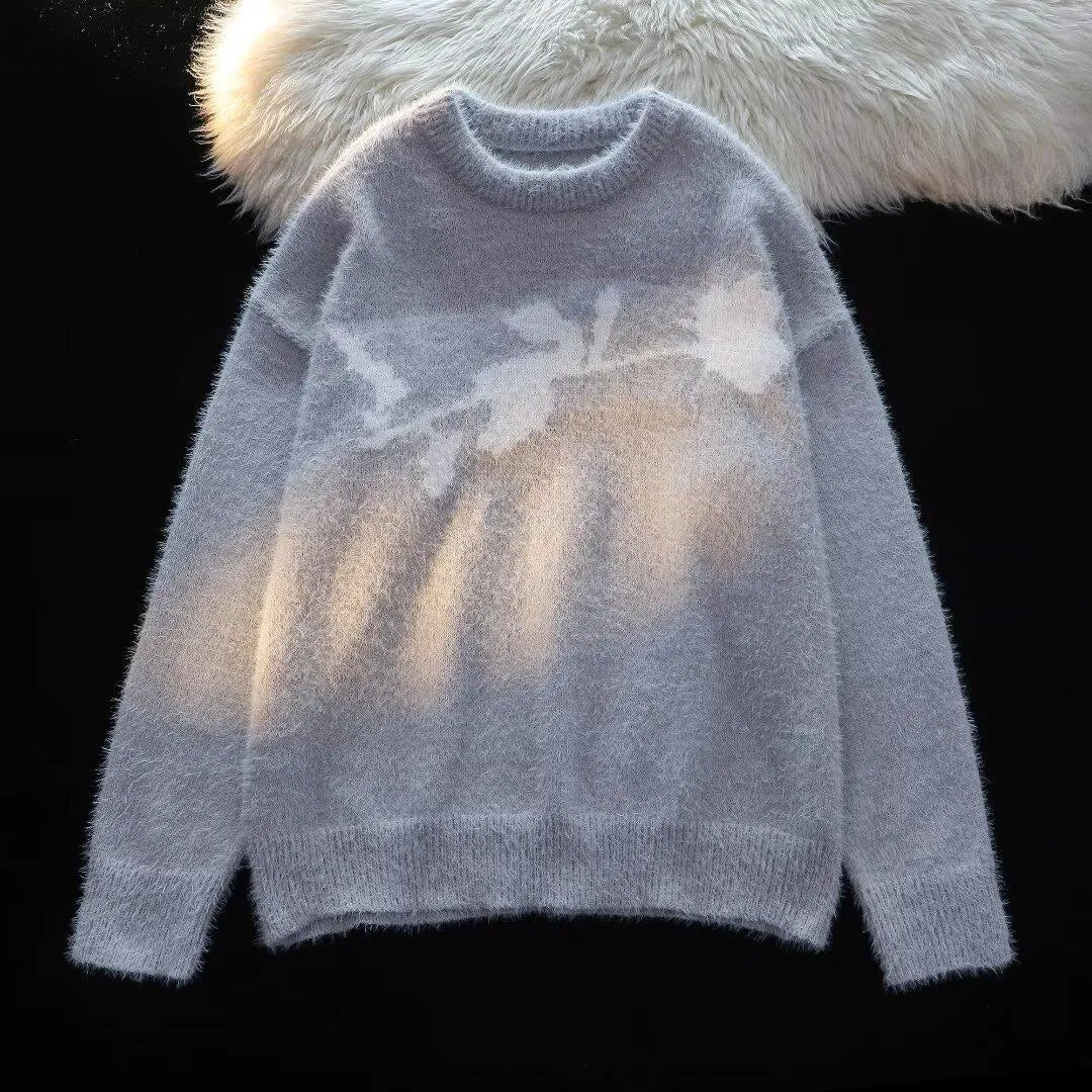 Men's grey pullover sweater with a large American Dark Rose flocking horse graphic print on the front.