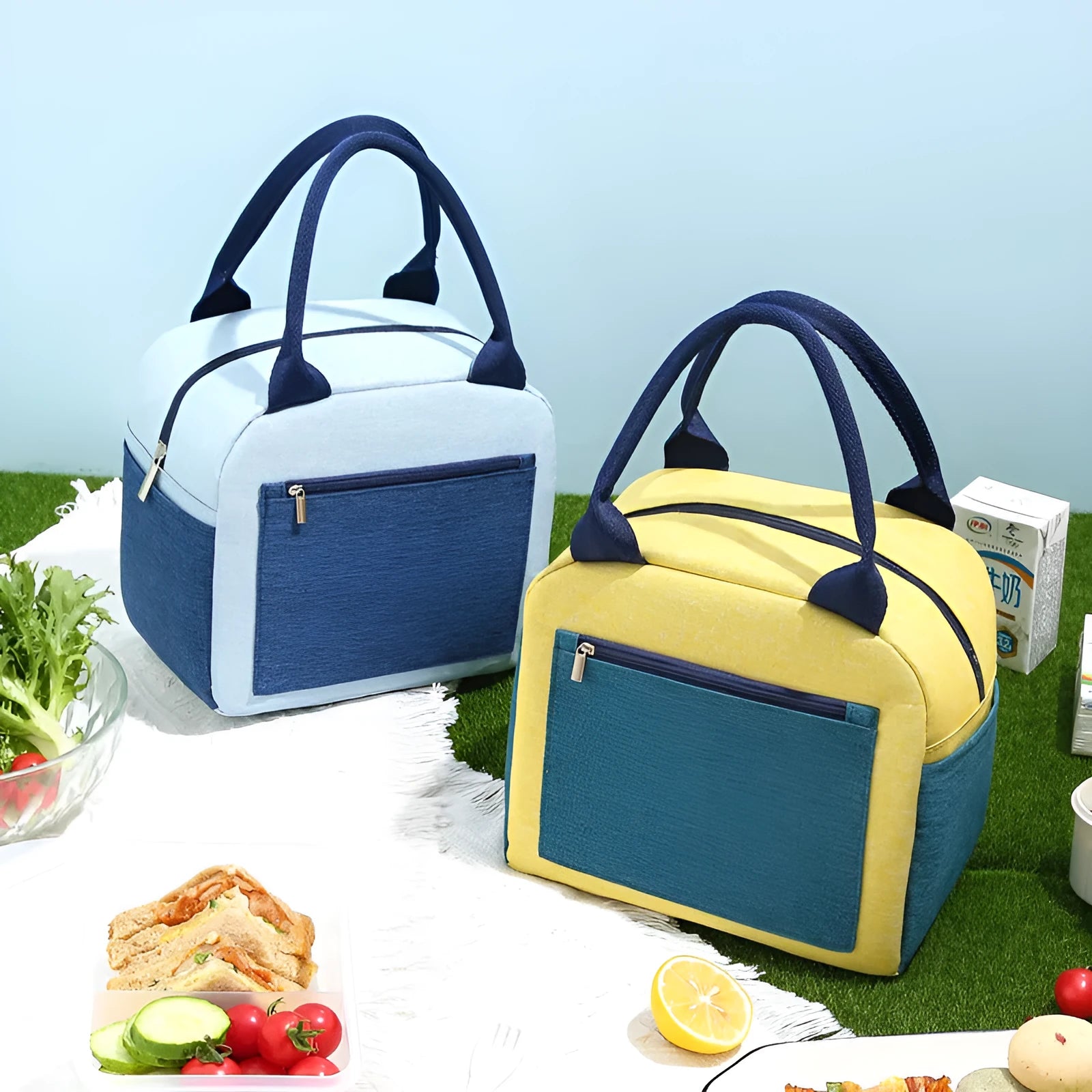 Aluminium foil thickening waterproof lunch insulation bag in Oxford cloth, shown in blue colour.