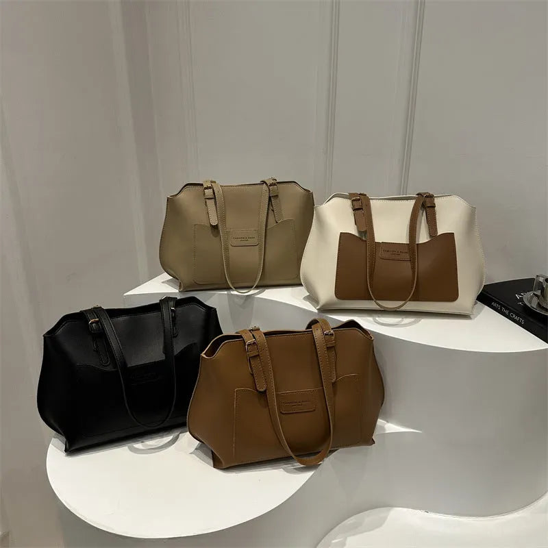 Women's PU leather tote bag with phone compartment in horizontal square design with double shoulder straps