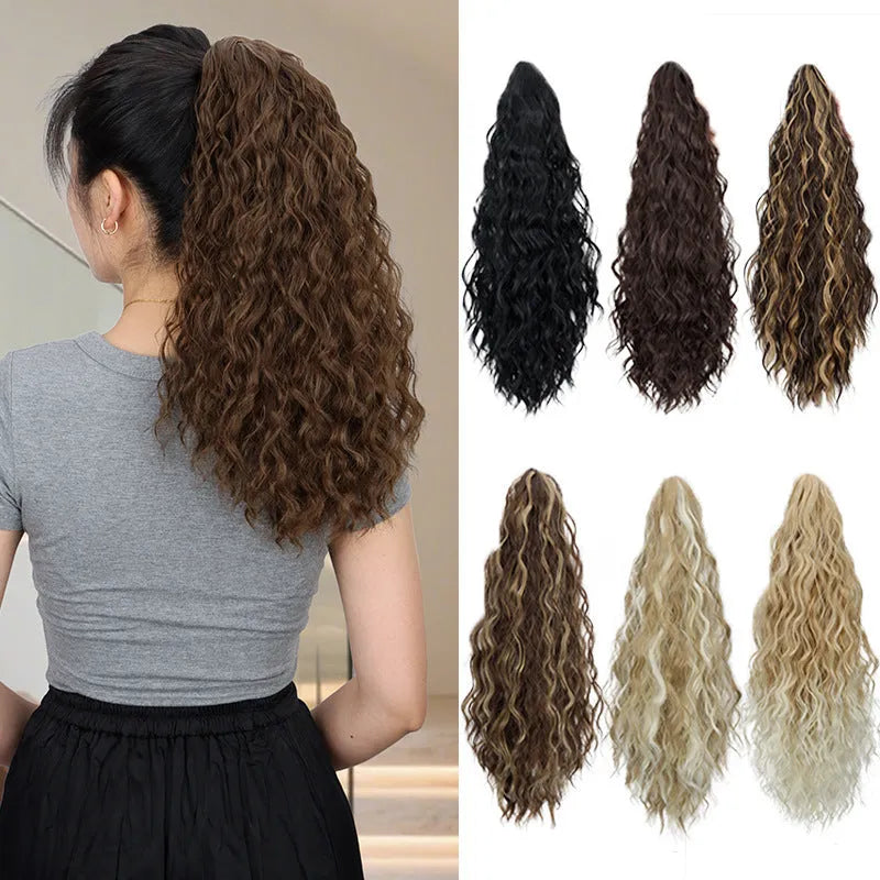 Corn curler wig with water ripple grip ponytail in synthetic high-temperature fibre, shown with hair clip.
