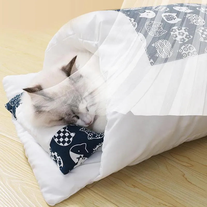 Winter cat bed house with removable pillow cushion in sleeping bag design