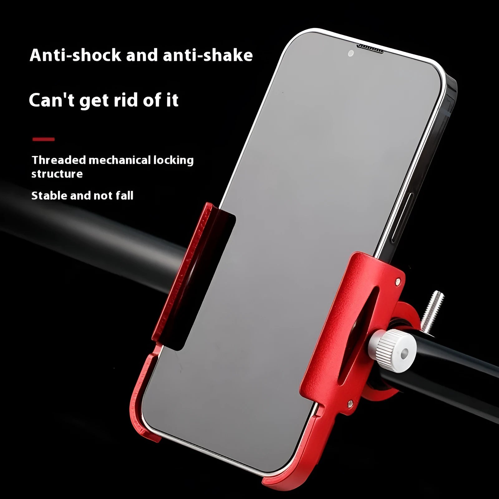 Aluminium alloy mobile phone holder mounted on a bicycle handlebar, shown in black.