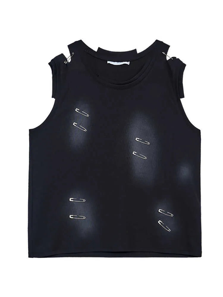 Men's black sleeveless vest with ripped irregular cutting and round neck, made from cotton-polyester-spandex blend
