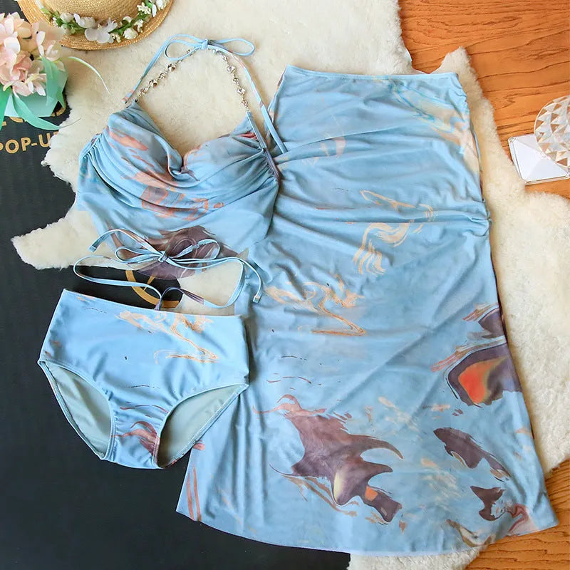 Women's three-piece bikini set with steel wire push-up support in printed colours