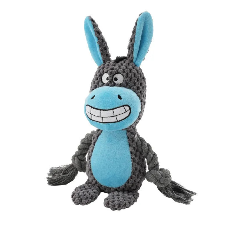 Plush sound-emitting dog toy with cotton rope elements in hippo design