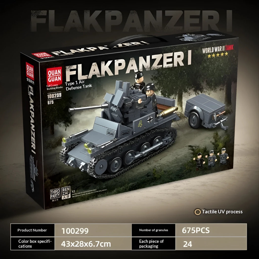 Military German No1 anti-aircraft tank building blocks in German style colour 100299, small particle plastic and rubber set for ages 7-14.