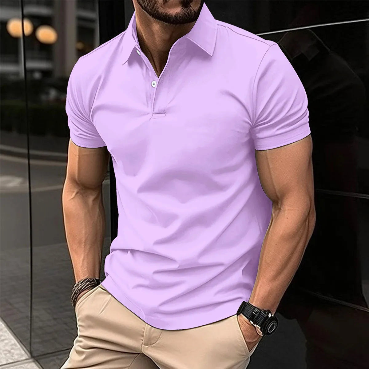 Men's summer polo shirt with short sleeves and button lapel in cotton-mixed fabric, available in multiple colours