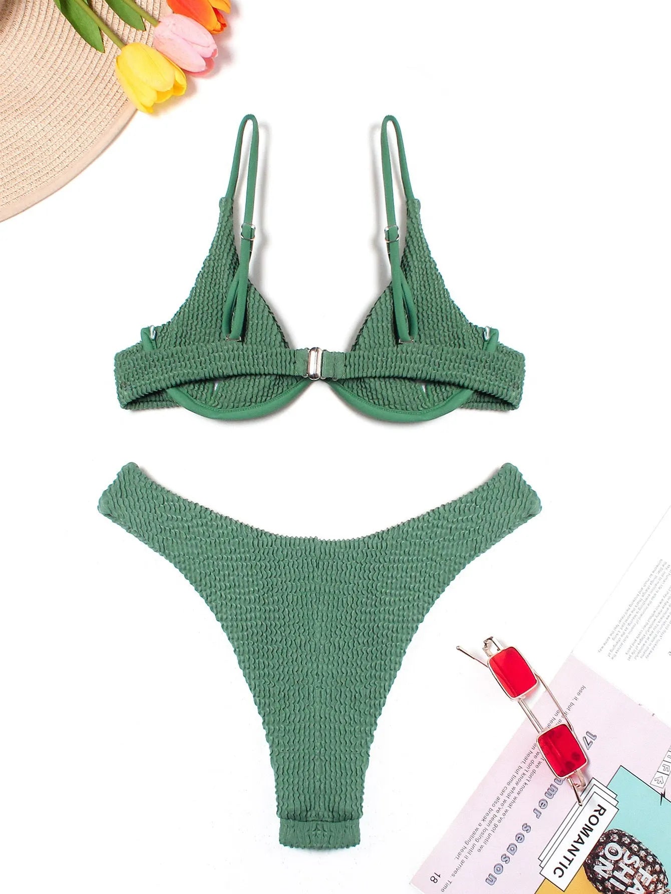 Green solid colour women's bikini with ruffle detail on top and briefs bottoms
