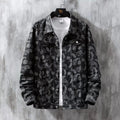 Men's slim fit denim coat with jacquard print and drawstring waist in black, dark blue, or light blue