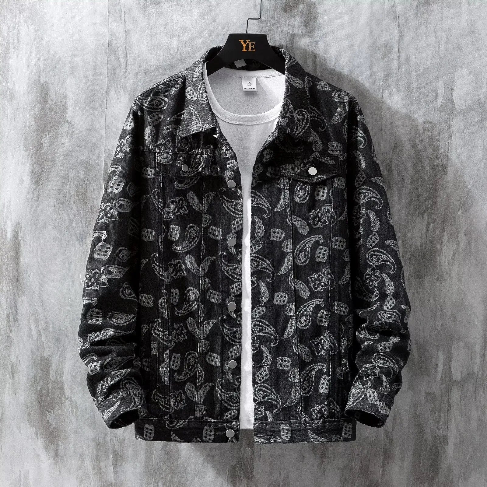 Men's slim fit denim coat with jacquard print and drawstring waist in black, dark blue, or light blue