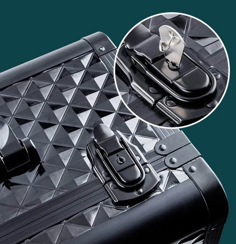 Water Cube Black rolling makeup storage box, aluminum wheeled beauty artist suitcase and barber toolbox, 70 x 46 x 31.5 cm